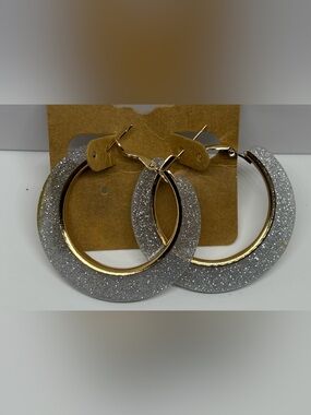 Silver Glitter Hoop Earrings with Gold Inside Outline & Hinge Back Acrylic